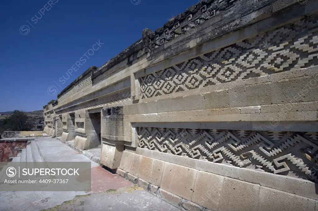 Mexico. Mitla. Old Mixtec-Zapotec ceremonial center. Facade of the Great Hall of Columns. Oaxaca State.