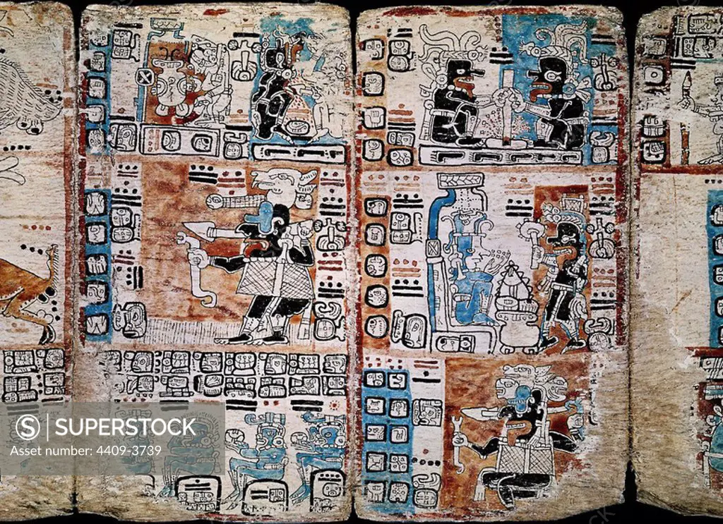 Page of the Tro-Cortesianus Codex or Madrid Codex. Mayan Codex. Gods and Men. 13th-15th centuries. Madrid, Museum of America. Location: MUSEO DE AMERICA-COLECCION. MADRID. SPAIN.