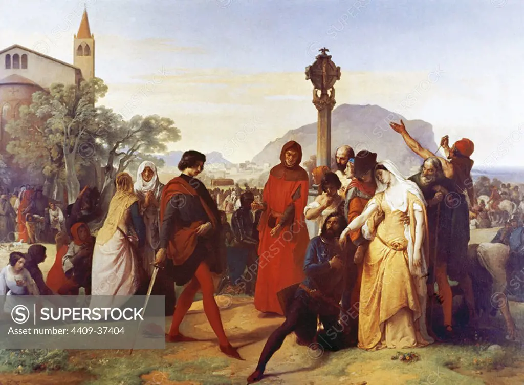 Sicilian Vespers . Rebellion on the island of Sicily in 1282 against the rule of the French king Charles I of Anjou in March 1282 who had taken control of the entire Kingdom of Sicily. Oil by Francesco Hayez (1791-1882). Gallery of Modern Art. Rome.