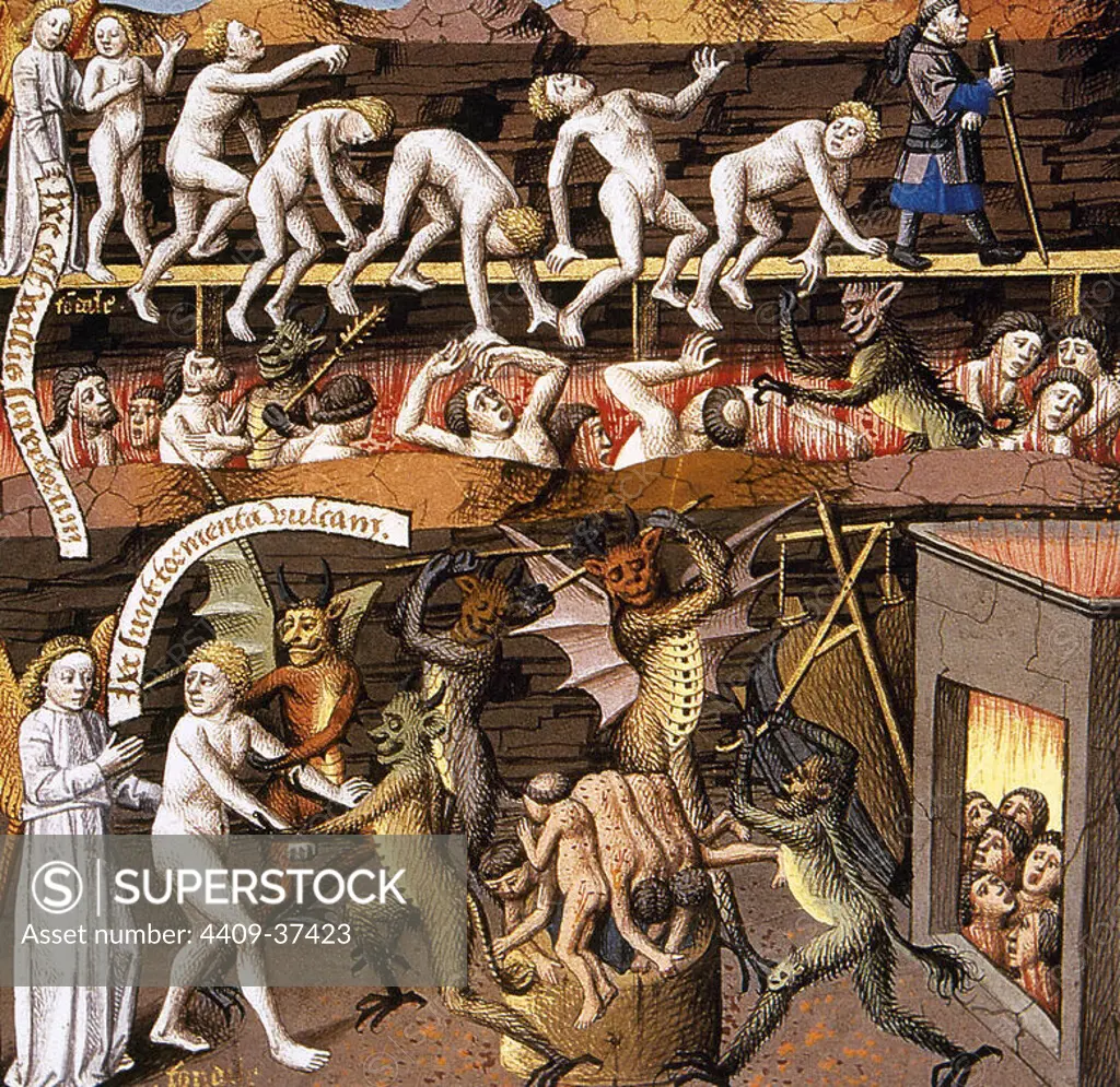 Miniature depicting the hell, 1463. The punishment of the condemned. Conde Museum. Chateau of Chantilly. France.