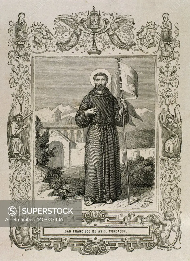 Saint Francis of Assisi (Giovanni Francesco di Bernardone (1181/1182-1226) . Catholic friar and preacher. He founded Franciscan orders of the Friars Minor, the womans Order of St. Clare, and the lay Third Order of Saint Francis. Eengraving.