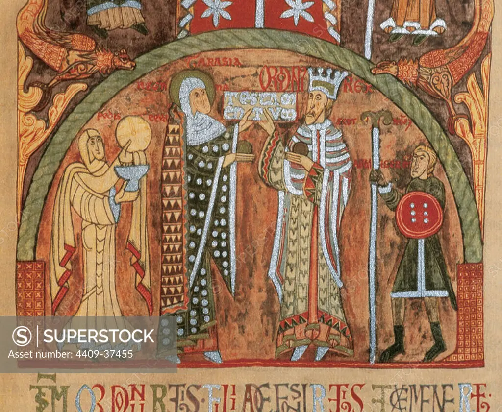 Ordon_o II (ca.871-924). King of Galicia and Leon. The monarch with Queen Tarasia holding the testamentum, flanked by a gunsmith and a maid. Detail of a miniature from the Book of Testaments (Liber Testamentorum Ecclesiae Ovetensis), 12th century. Library of the University of Barcelona. Catalonia. Spain.