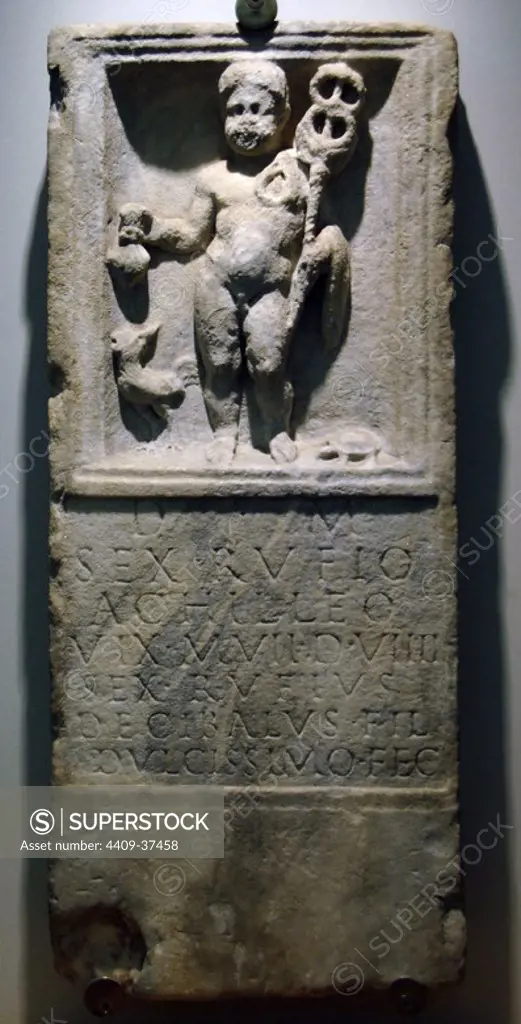 Funeral inscription. Hermes can go with you, dedicated by Sex Rufus Decibalus to his son Achilleus, died shortly after birth. The Baths of Diocletian. National Roman Museum. Rome, Italy.
