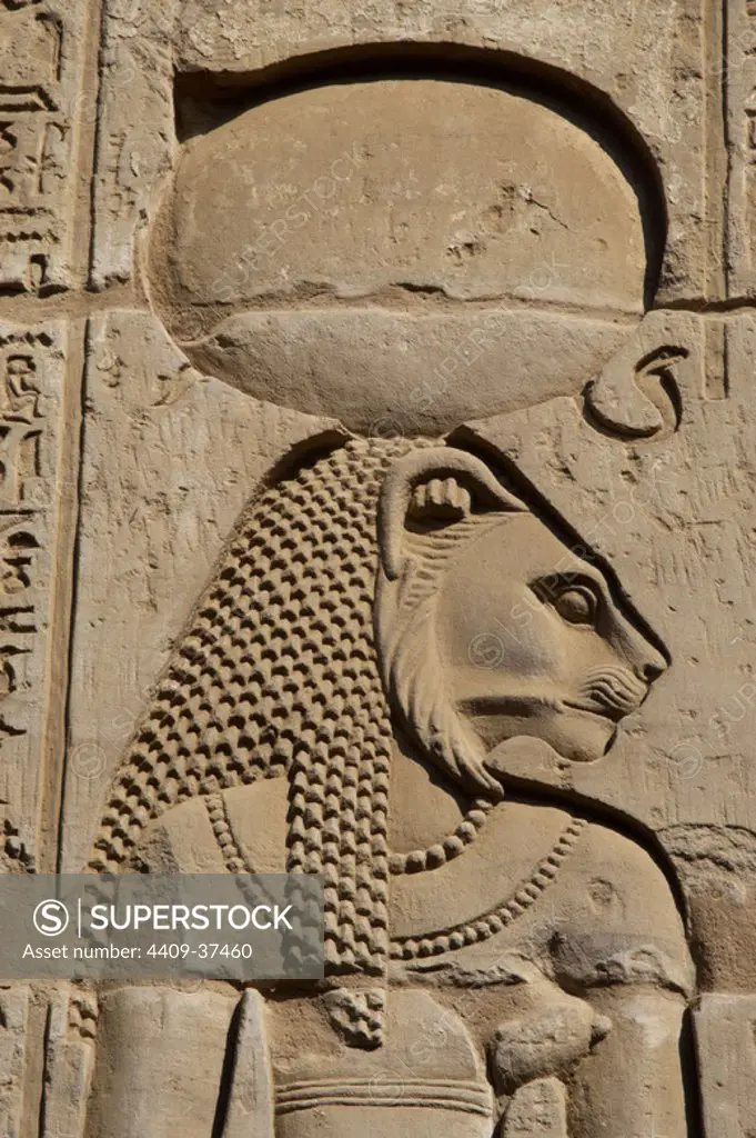 Egyptian Art. Temple of Kom Ombo. Ptolemaic Dynasty. 2nd century B.C. Dedicated to the crocodile god Sobek and falcon god Haroeris. Sekhmet, the lion-headed goddess of war, crowned with the sun disk and cobra. Relief.