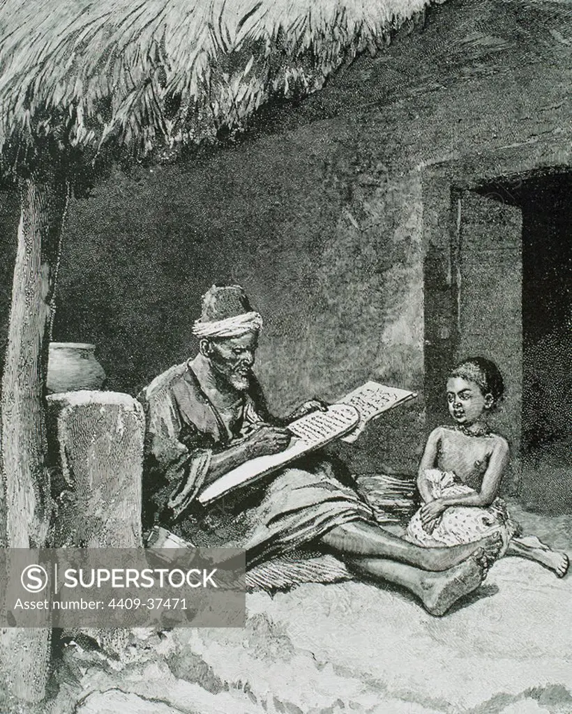 An old man teach to write a child. French Sudan. 1893.