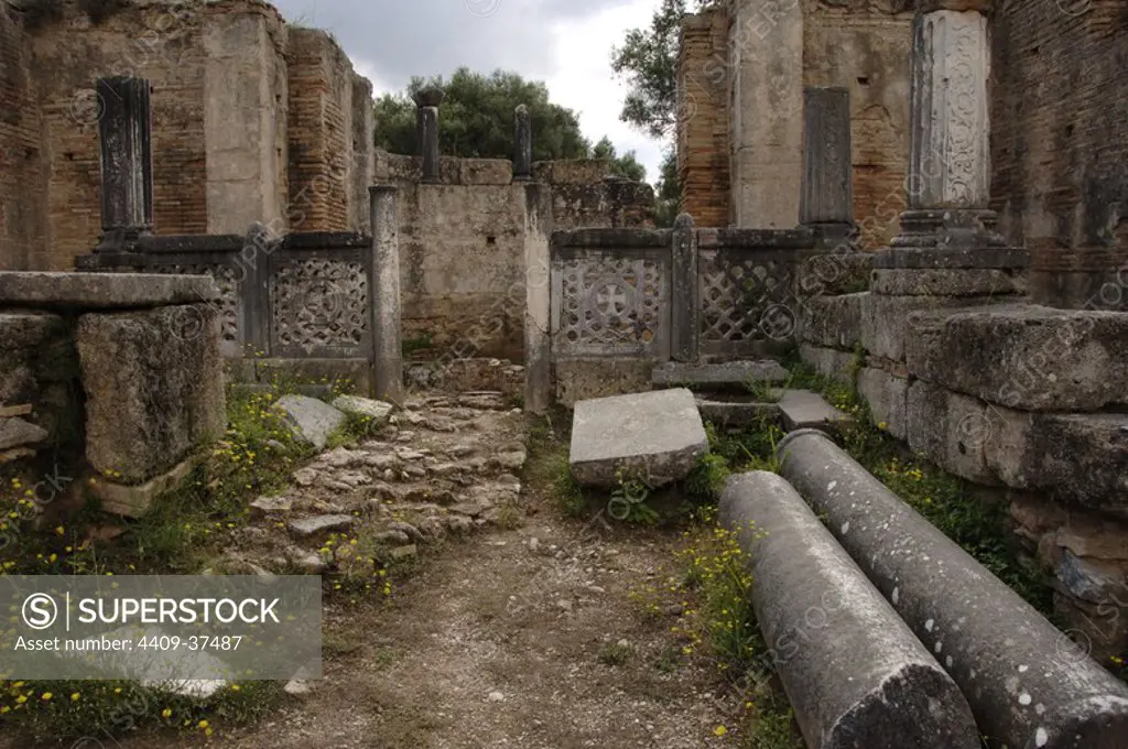 Greek Art. Phidias Workshop ruins, built in 430 BC to house the statue of Zeus. In the fifth century, Theodosius II turned the building into an early Christian church. Olympia. Greece.
