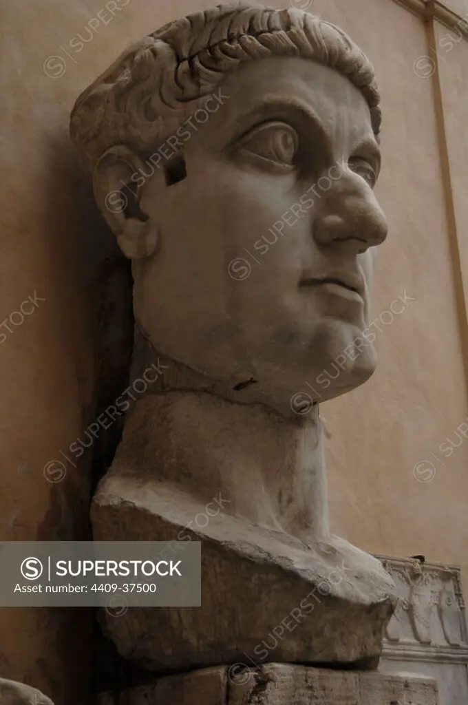 Constantine the Great (Flavius Valerius Aurelius Constantinus Augustus) (272-337). Roman Emperor from 306-337. Know for being the first roman emperor to convert to christianity. Head of Constantine's colossal statue. Capitoline Museums. Rome. Italy.