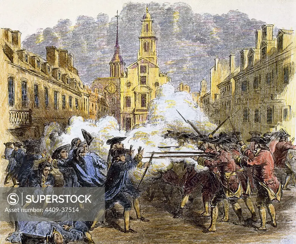 American Revolutionary War (1775-1783). The Boston Massacre or Boston riot (1770). British redcoats killed five civilian men.