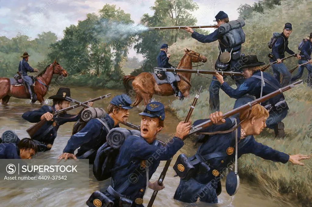 American Civil War (1861-1865). Battle of the Huzzah (September 29, 1864). By Don Gray (b.1948). Series of murals depicting historical scenes of both local and national themes. Cuba, State of Missouri, United States. Author: Don Gray (b.1948). American artist.