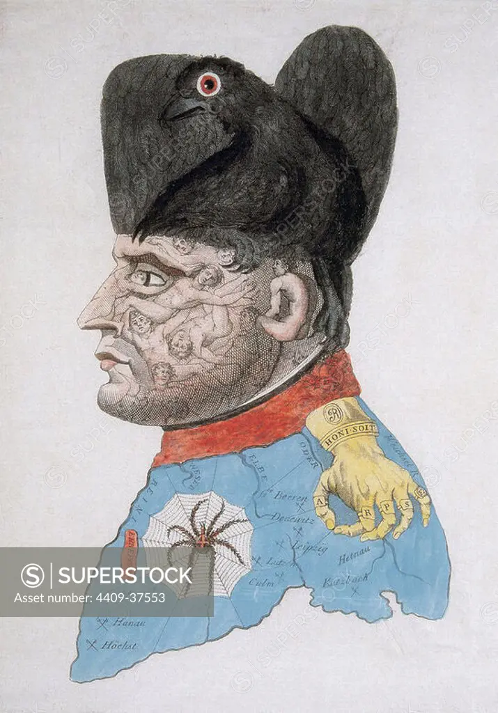 Satirical portrait of Napoleon Bonaparte, french emperor between 1804 and 1815. Copper etching. Arteclio Collection. Pamplona. Municipal Museum. Madrid. Spain.