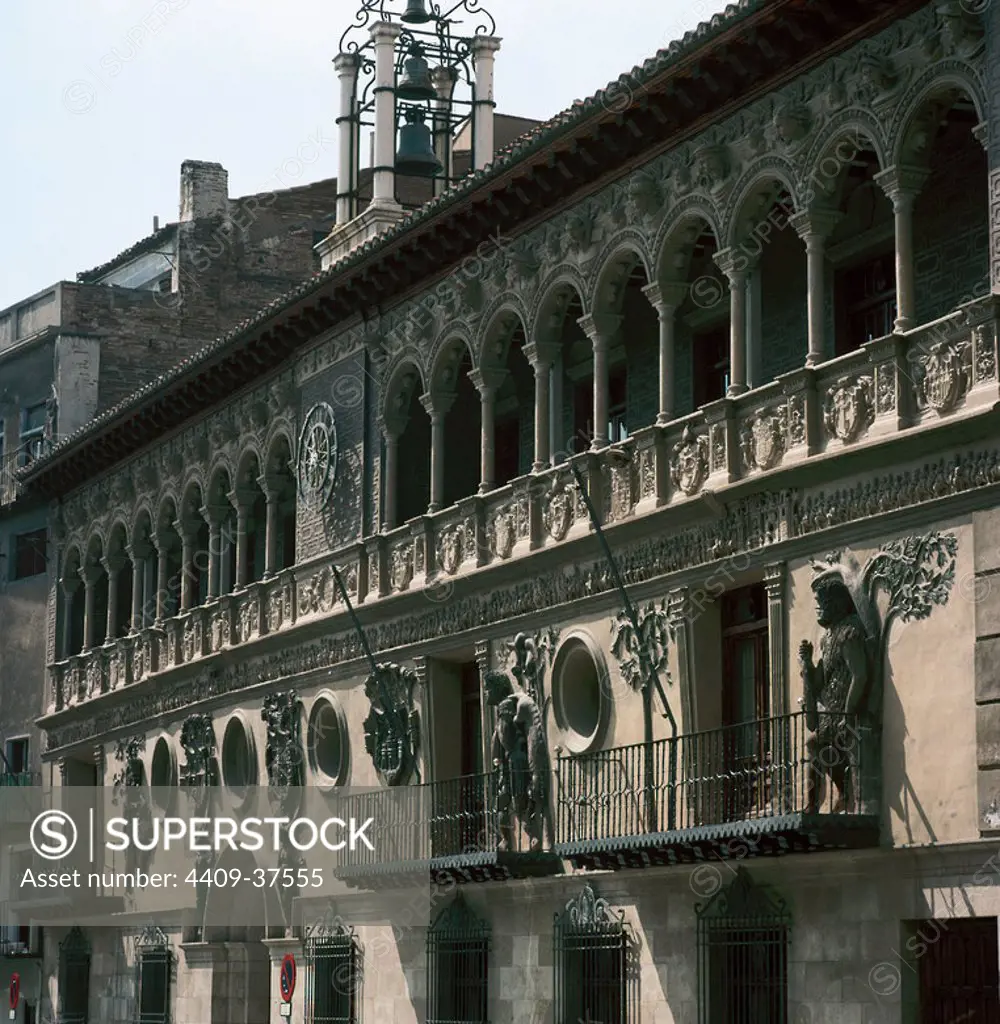 Spain. Aragon. Tarazona. City Hall. 16th century. Facade decorated with mythological reliefs topped by an historiated frieze and a gallery of Venetian style.