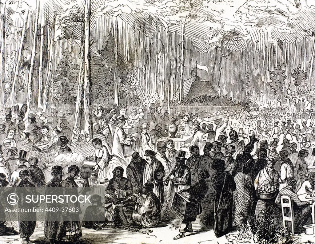 Russia. 19th century. May Day Festival in Sakolnki forest near Moscow. Engraving in "L'Univers Illustre´" (1869).