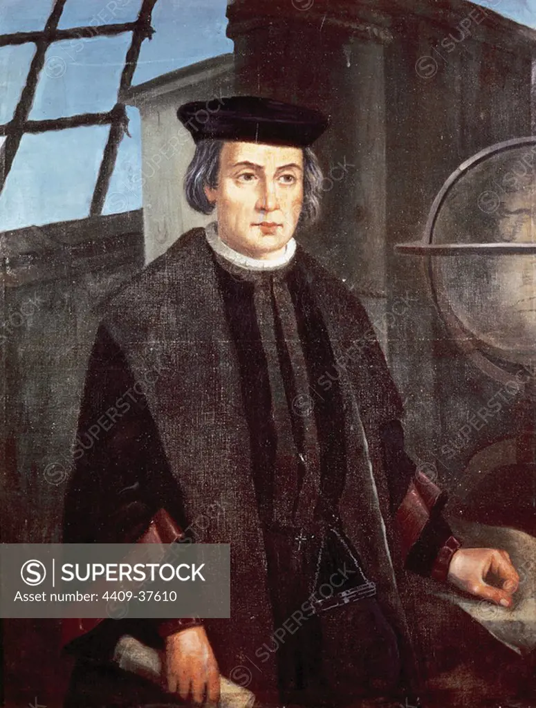 Christopher Columbus (1451-1506). Explorer, navigator and colonizer. Discoverer of American. Portrait of Jose Roldan. Monastery of La Rabida. Andalusia. Spain.
