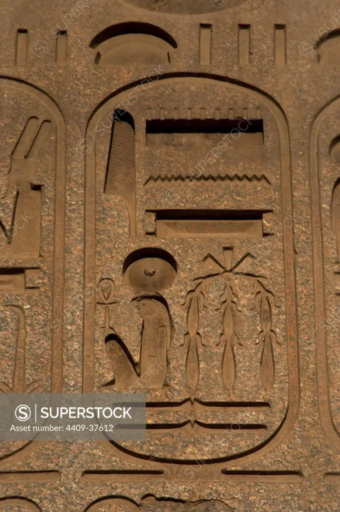 Egypt. Hieroglyphic writing. Obelisk of Ramesses II (1300-1213, reign 1279-1213 b.C.). Detail. Temple of Luxor. Dynasty XIX. New Kingdom. Ancient Thebes "Waset".