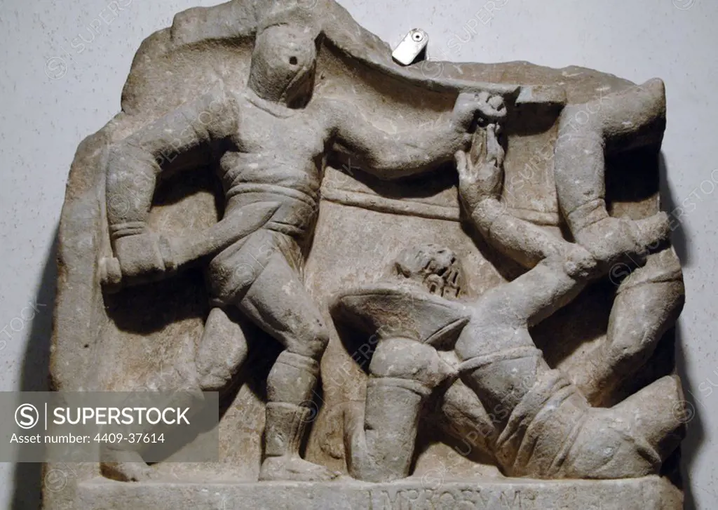 Roman art. Relief commemorating the victories of a gladiator represented in various struggles with its adversaries. 1st century B.C Found on Via Appia. Baths of Diocletian. National Roman Museum. Rome. Italy.
