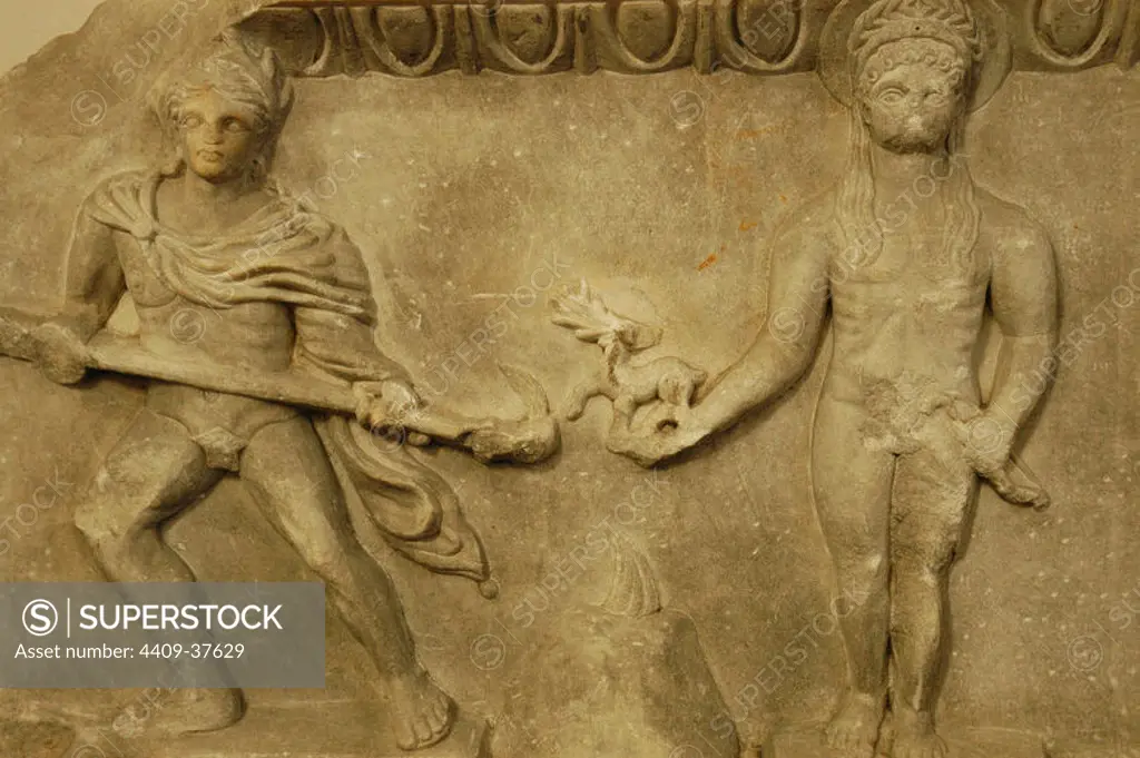 Relief depicting a cult statue of Apollo, standing between two torch-bearers. The image of god are a quotation from a famous archaic cult statue by Kanachos. 175-200 AD. Marble. From the theater of Miletus. Detail. Pergamon Museum. Berlin. Germany.