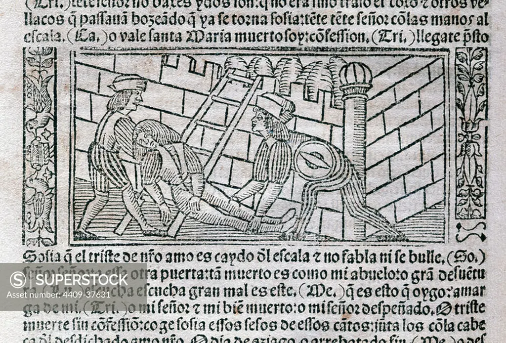 The Celestina or Tragicomedy of Calisto and Melibea (1499). By Fernando de Rojas (ca.1465-1541). Engraving depicting a scene of the work. Edition printed in Burgos, Spain, 1531. Library of Catalonia. Barcelona. Catalonia. Spain.