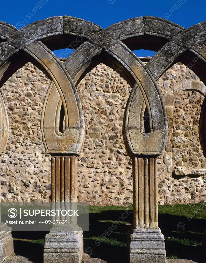 Romanesque Art. San Juan de Duero. View the intertwined arches of the cloister. XIII century. It contains elements of Romanesque, Gothic, Mudejar style and oriental influences. It was declared a National Monument in 1882. Soria. Castile and Leon. Spain.