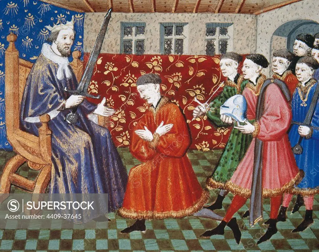 Ceremony of investiture of a Knight. Miniature of the 15th century of Tristan and Iseult Poem. Chateau de Chantilly. France.