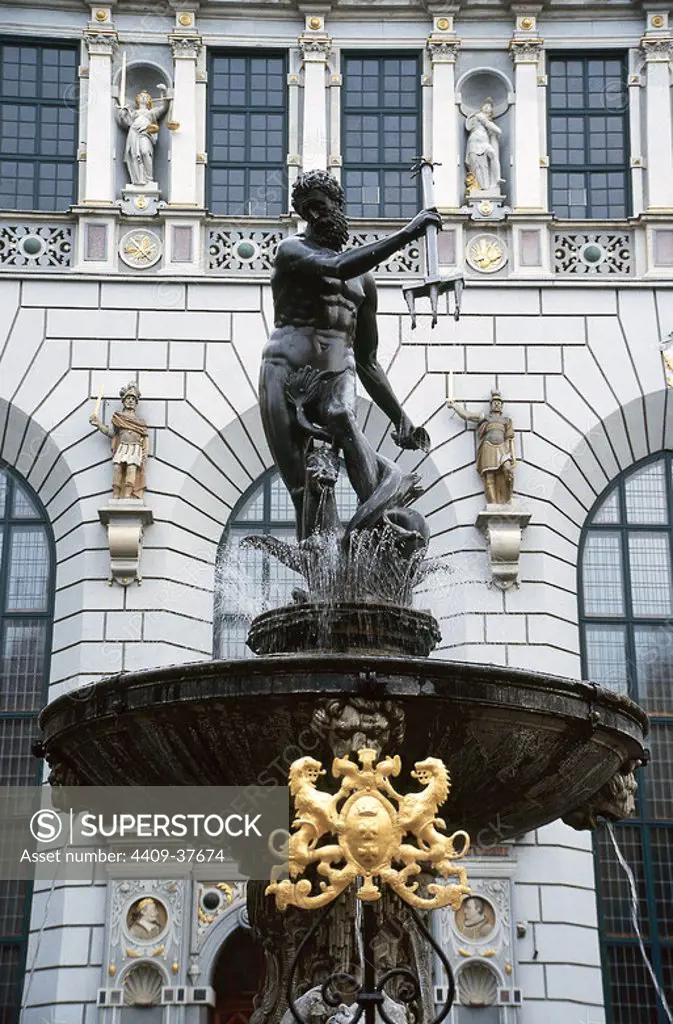 POLAND. Gdansk. Partial view of the Neptune Fountain (1618), the symbol of the city. Located in the historic center.