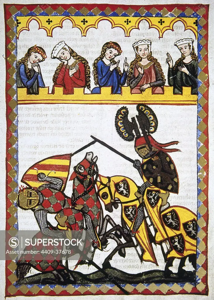 The Thurgau poet Walter von Klingen (1240-1286), Knight of Rudolf I of Habsburg, defeats another knight in a tournament. Codex Manesse (ca.1300) by Rudiger Manesse and his son Johannes. Miniature. Folio 52r. University of Heidelberg. Library. Germany.