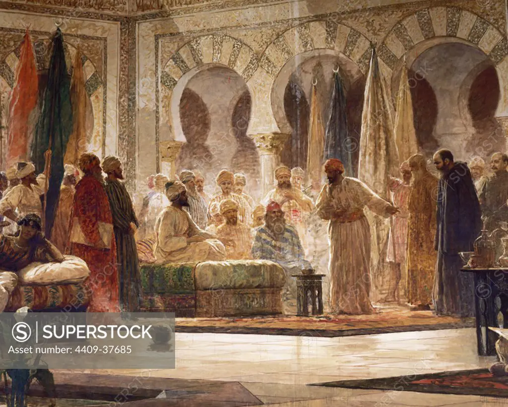 Abd-ar-Rahman III (889- 961). Emir and Caliph of Al-Andalus. Abd-ar-Rahman III and his court (1885) by Dionisio Baixeras Verdaguer (1862-1943) depicting the Caliph's reception of the monk John Gorze, appointed ambassador of Emperor Otto I. University of Barcelona. Catalonia. Spain.