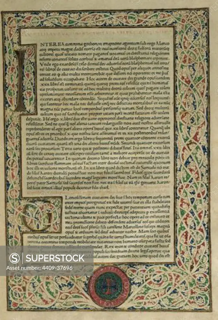 Complutensian Polyglot Bible. Is the name given to the first printed polyglot ot the entire Bible, initiated and financed by spanish Cardinal Francisco Jimenez de Cisneros (1436-1517). Published in Complutum (Alcala de Henares), 1514-1417. Kingdom of Castile. Page of Genesis. Episcopal library. Barcelona. Spain.