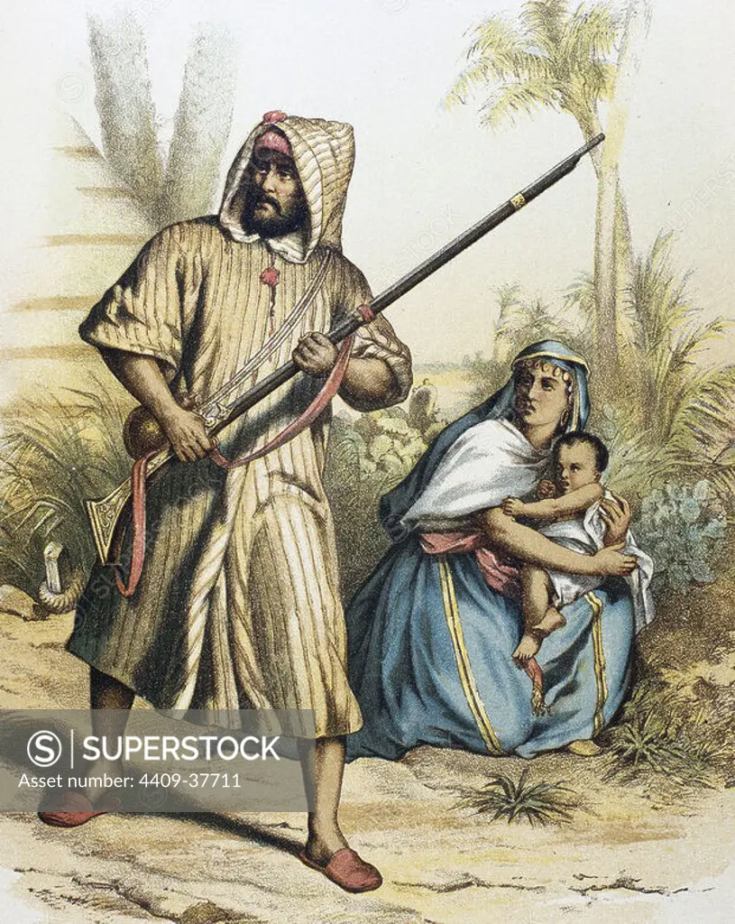 Arab family. Colored engraving.
