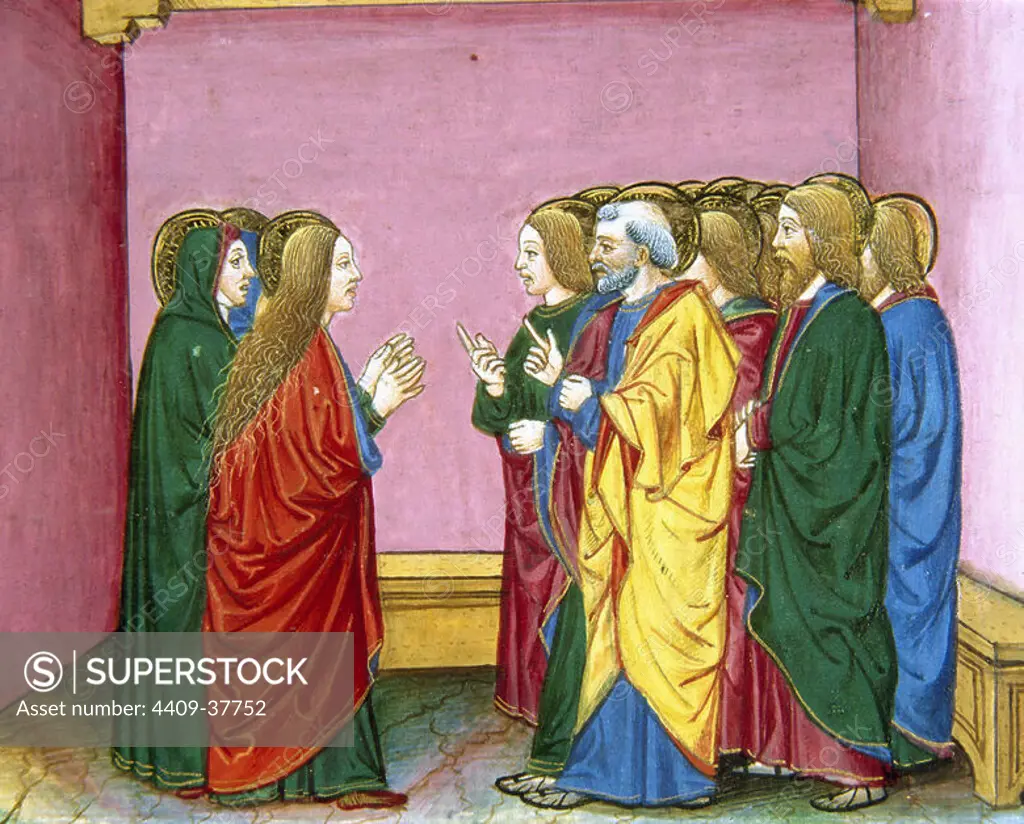 The three Marys announce to the disciples that Jesus has risen. Codex of Predis (1476). Royal Library. Turin. Italy.