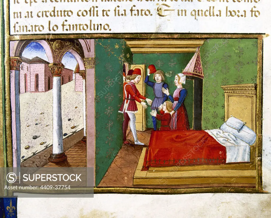 The son of the centurion, healed by Jesus, get out of bed. Codex of Predis (1476). Royal Library. Turin. Italy.