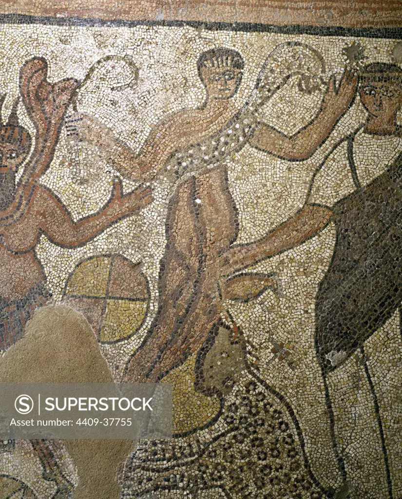 Roman mosaic depicting god Dionysus. Detail of the mosaic Meeting between Ariadne and Dionysus. 4th century. Anniboni. National Museum of Roman Art. Merida. Spain.