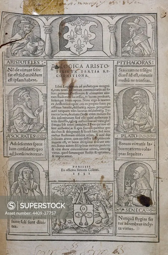 Boethius (480-524). Christian eclectic philosopher, compiler and translator of ancient philosophy of Aristotle's treatises. Logicorum Libri Aristotelis. Cover. Paris, 1531.