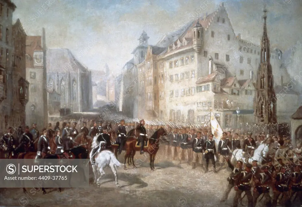 Austro-Prussian War. Parade of troops in the Market Square in Nuremberg during the occupation of the city by the Prussians in 1866. Painting by Louis Braun (1836-1916).