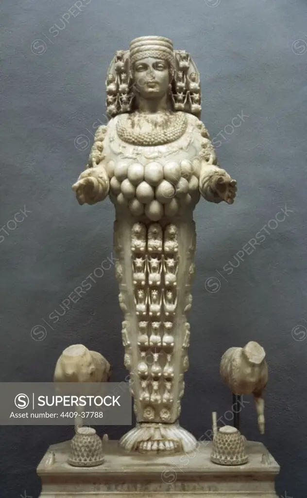 The Artemis of Ephesus, 1st century AD. Lady of Ephesus. Adorned with multiple rounded breast like protuberances on her chest. Ephesus Archaeological Museum. Selcuk. Turkey.