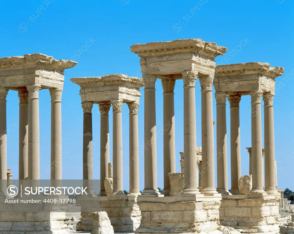 Roman art. Syria. Palmyra. The tetrapylon. Ancient type of monument of cubic shape with a gate on each of the four sides.