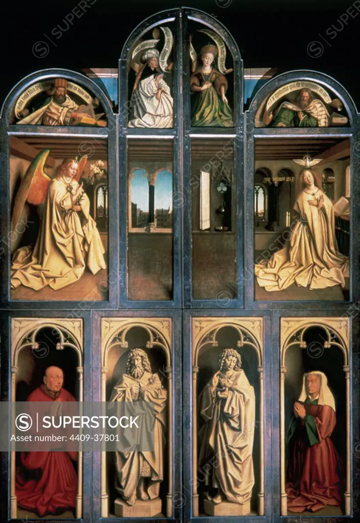 Gothic Art. Belgium. 15th Century. The Ghent Altarpiece, also known as The Adoration of the Mystic Lamb or The Lamb of God. Early Flemish polyptych panel painting. Commisioned from Hubert van Eyck (1385/90-1426) and executed by his brother Jan van Eyck (c.1390-c.1441), 1430-32. Closed view. Prophets, Sibyls, an annunciation scene, donors and Saints. Oil on oak. Saint Bavo Cathedral. Ghent.