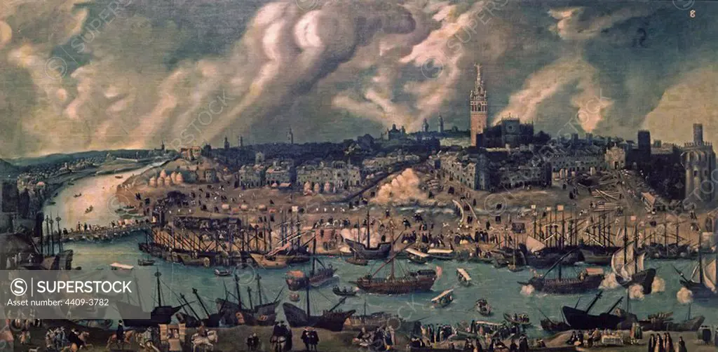 'View of Seville', 16th century, Oil on canvas, 210 x 163 cm. Author: Attributed to SANCHEZ COELLO. Location: MUSEO DE AMERICA-COLECCION. MADRID. SPAIN.