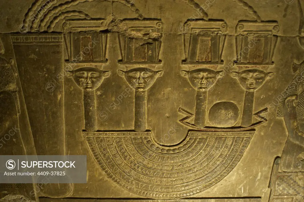 Egyptian Art. Dendera. Hathor Temple. Relief depicting a menat necklace with four Hathor head sistrums. Walls of an underground crypt.