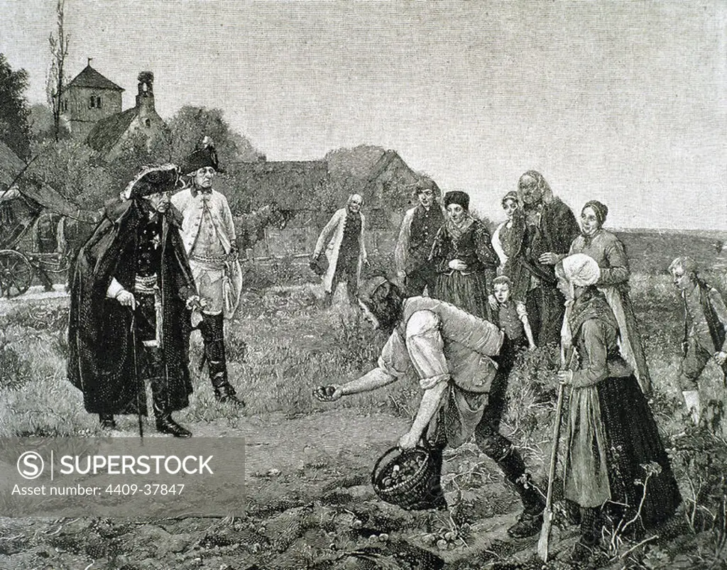 Frederick the Great (1712-1786), King of Prussia (1740-1786), visiting farmers as they work their land. Engraving of 1887 by Herve & Kirmse.