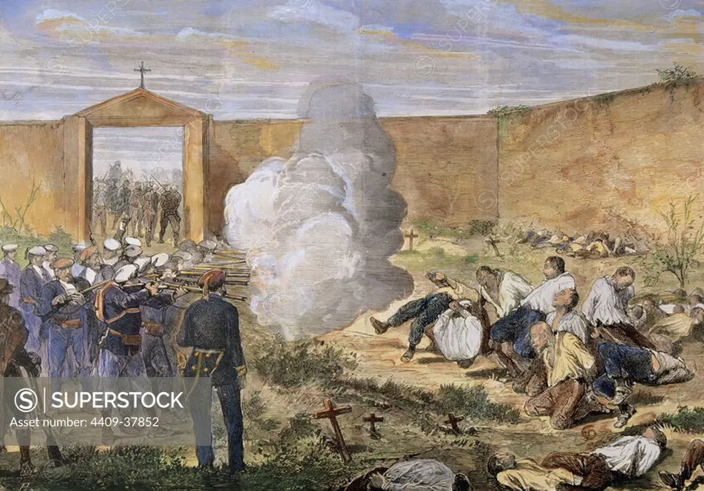 Third Carlist War (1872-1876). Castellfollit Action between Nouvilas column and Francesc Savalls' faction (1874). Savalls Carlist troops defeated the Liberal chief Nouvilas. Shooting prisoners of Nouvillas column in the cemetery of LLayes (July 17, 1874). Colored engraving. Catalonia. Spain.
