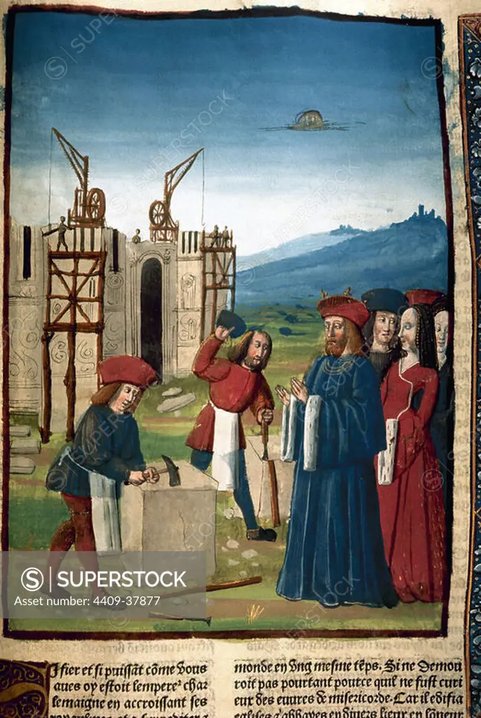 Charlemagne (742-814). King of the Franks (768-814,) the Lombards (774-814) and emperor of the Romans (800-814). Charlemagne visiting the construction works of Aix la Chapelle, in 796. Miniature of "Chronicles of France", 1494.