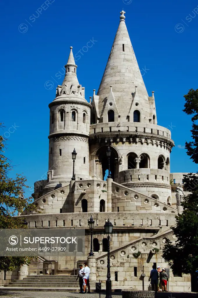 HUNGARY. BUDAPEST. View of Fisherman's Bastion, designed by Frigyes Schlek in neo-Romanesque style in late XIX century. It consists of seven observation towers in memory of the seven Magyar tribes founders of Hungary in 896. Declared a World Heritage Site by UNESCO.