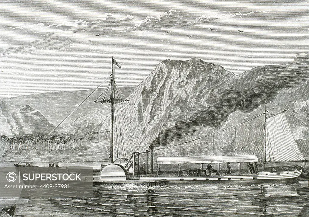 Robert Fulton's steamboat. Constructed by the North American engineer Robert FULTON (1765-1815). Engraving of the 19th century.