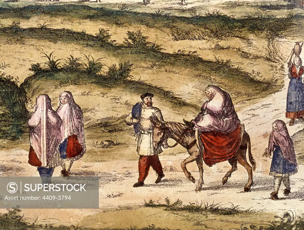 Civitates Orbis Terrarum. Detail - Moorish Woman and Rider. Madrid, National Library. Author: GEORG BRAUN 1541-1622 / FRANS HOGENBERG. Location: BIBLIOTECA NACIONAL-COLECCION. MADRID. SPAIN.