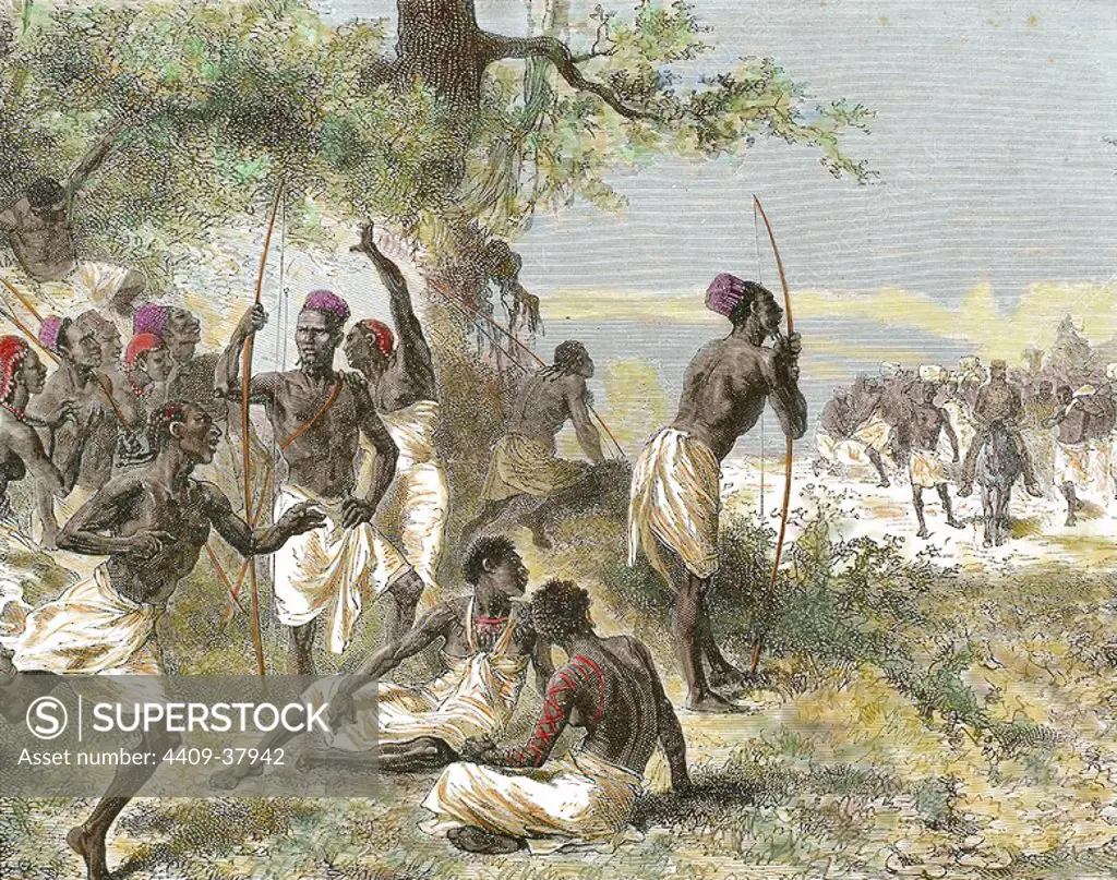 History of Africa. The caravan of Dr. Livingstone found a group of armed natives. Engraving by A. Beatrand. Coloured. 1882.