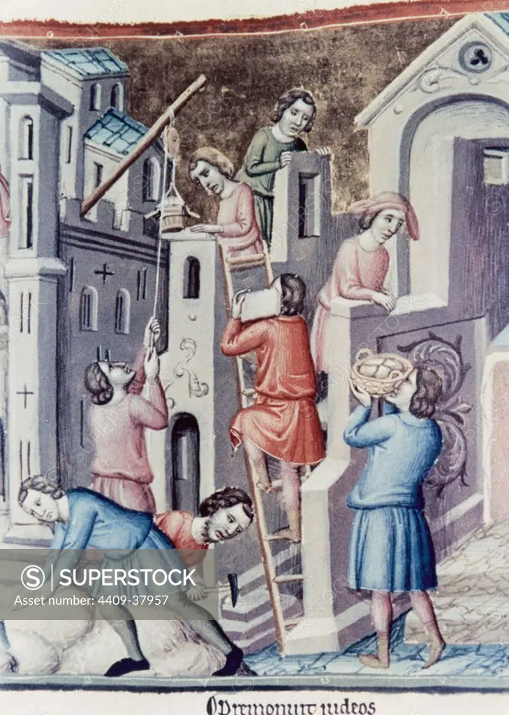 England. Construction of a castle in a medieval village. 15th century. Cantherbury Psalter. National Library. Paris. France.