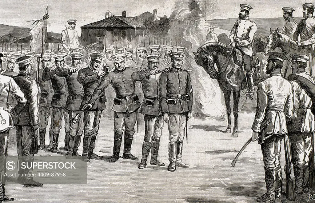 Alexander of Battenberg (1857-1893). Prince of Bulgaria (1879-1886). Elected crown prince of Bulgaria under Turkish sovereignty. Overthrown by a group of pro-Russian official. Disgrace Strunski Regiment, which deposed Prince on August 21, 1886. Engraving.