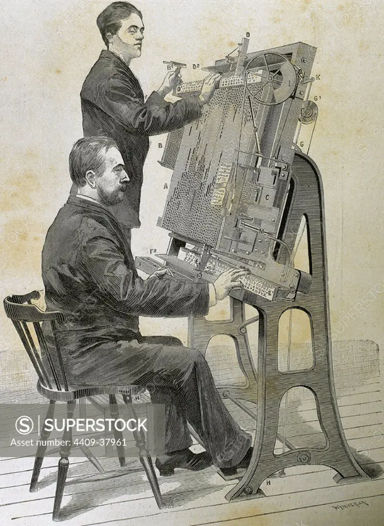Typographic composing new machine. Engraving by W. Meyer for "Artistic Illustration", 1885.