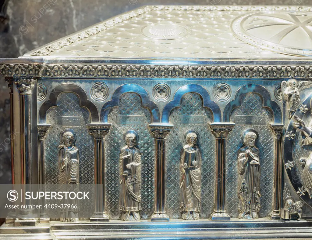 Spain. Galicia. Santiago de Compostela. Cathedral. The silver coffer holding the remains of St. James. Crypt. Built in 19th century. Detail evangelists.