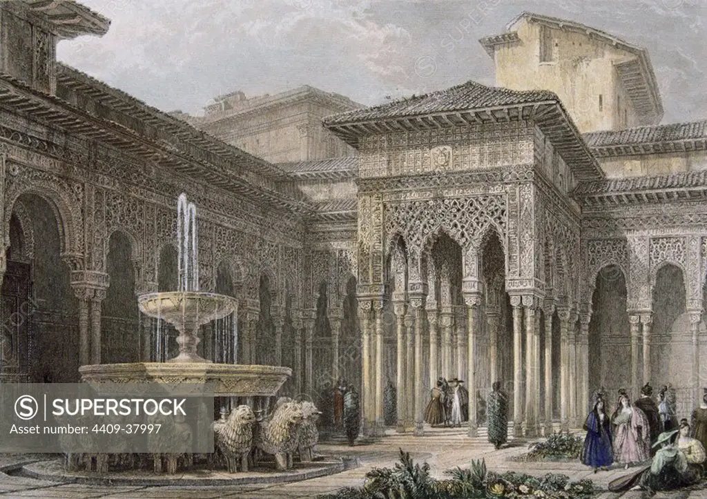 The Alhambra in Granada. Court of the lions. Higham colored engraving after a drawing by David Roberts. 19th century. Andalusia. Spain.